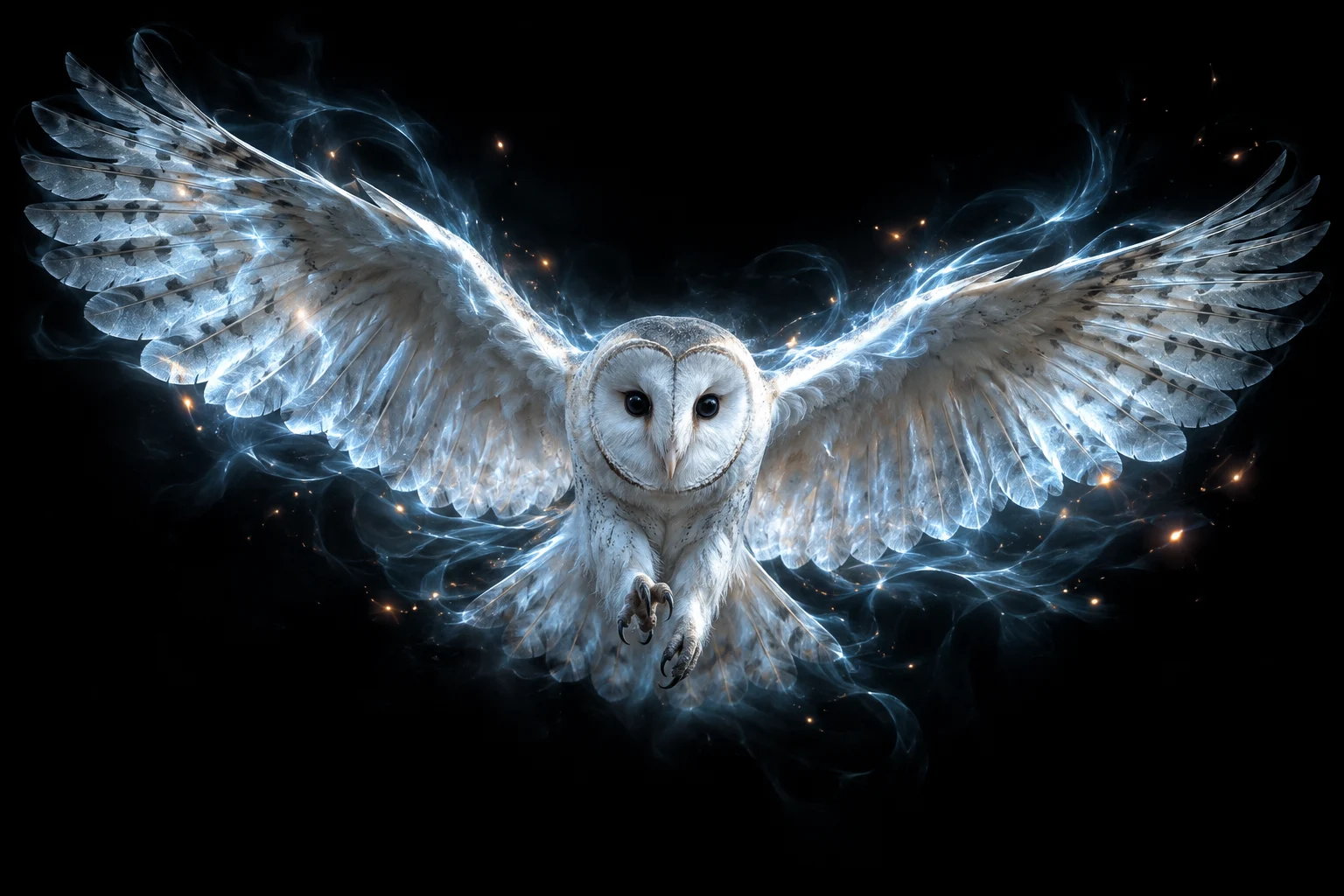 An ethereal pale owl spreading luminous blue wings against the darkness